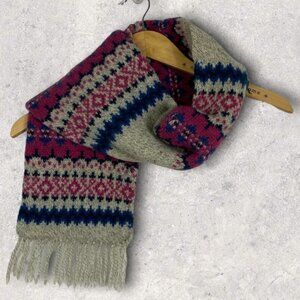 Eddie Bauer Fair Isle Beige Pink Blue Fairisle Boho Fringe Scarf Rectangle Knit‎